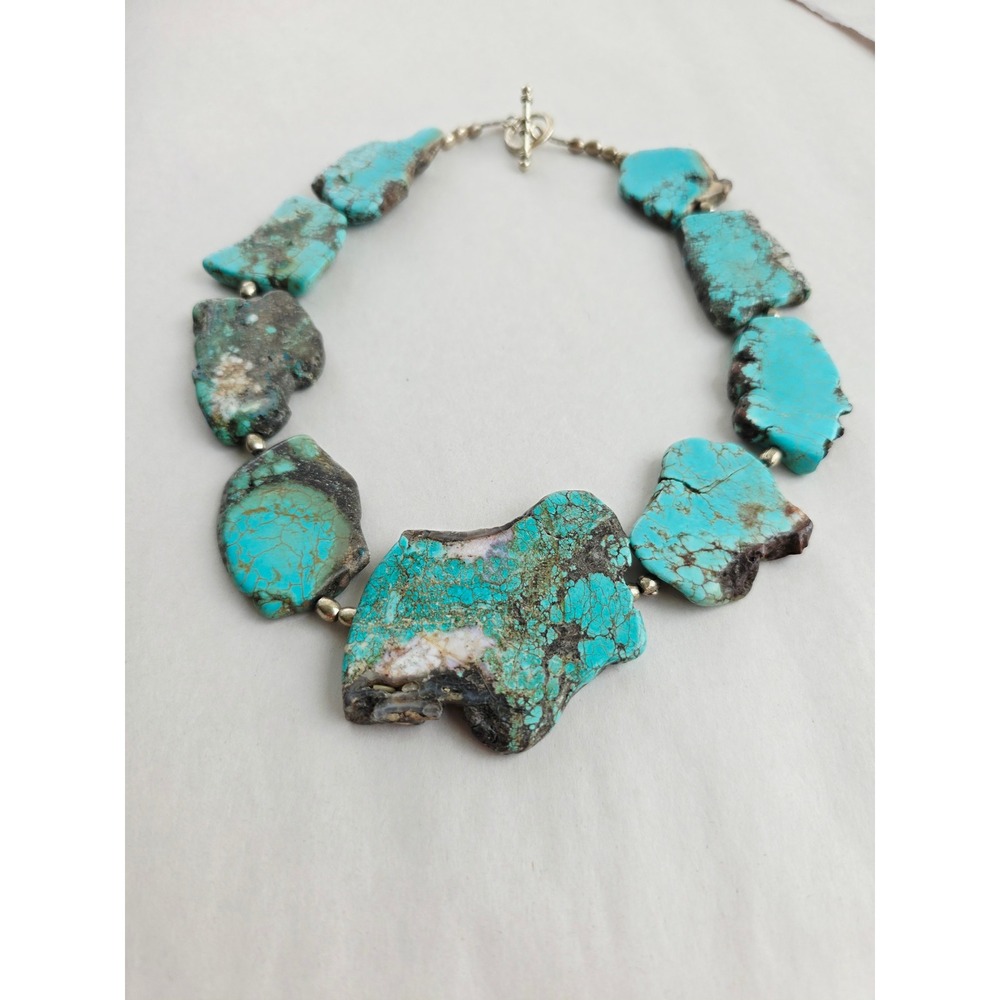 Vintage Large Turquoise Slab Nugget Statement Necklace Silver Tone Toggle Clasp